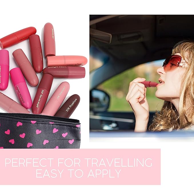 Miss Rose Matte Lipstick for Women, 12 Stunning Long Lasting Lipstick Shades, Waterproof, Highly-Pigmented, Hydrating, Smudge-Proof, Set for Makeup Lovers, Lipstick Set for All Occasions