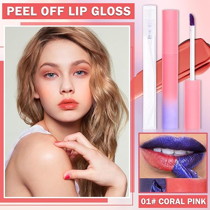 Peel Off Lip Stain Peel Off Lip Tint Stain Highly Pigmented Lip Peel Off Stain Long Lasting LipStains Peel Off Nude Lip Gloss Matte Liquid Lipstick Lip Makeup for Women(01 Coral Pink)