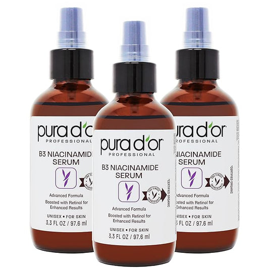 PURA D'OR B3 Niacinamide Advanced Facial Serum (3.3oz x3 = 9.9oz) Skin Care Formula with Retinol For Wrinkles, Hydration & Complexion - All Skin Types, Hypoallergenic - Women & Men