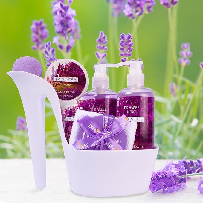 Draizee Mothers Day Gifts for Mom- Spa Gift Baskets for Women, 8 Pcs Luxury Lavender Scented Heel Shoe Design Bath and Body Spa Set, Body Care Set for Her-Self Care Package for Women, Presents for Mom