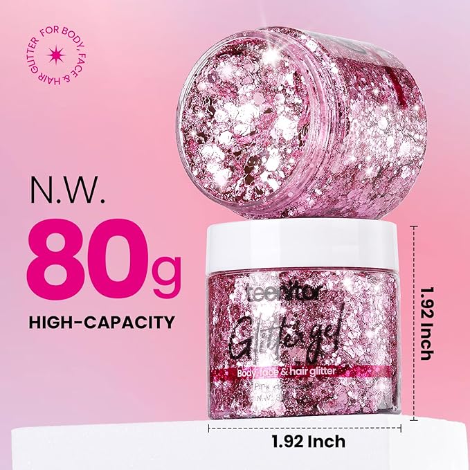 Teenitor Pink Body Glitter, Chunky Face Glitter, Pink Glitter Makeup 80g