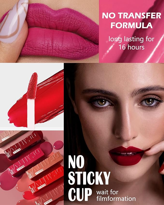 Matte Liquid Lipstick for Women, Highly Pigmented Lip Tint Stain, Super Velvet Matte Red Pink Lip Gloss, Up to 16H Wear, Long Lasting Waterproof Non-Stick Cup Lip Color Stay, Christmas Makeup Gift-04#