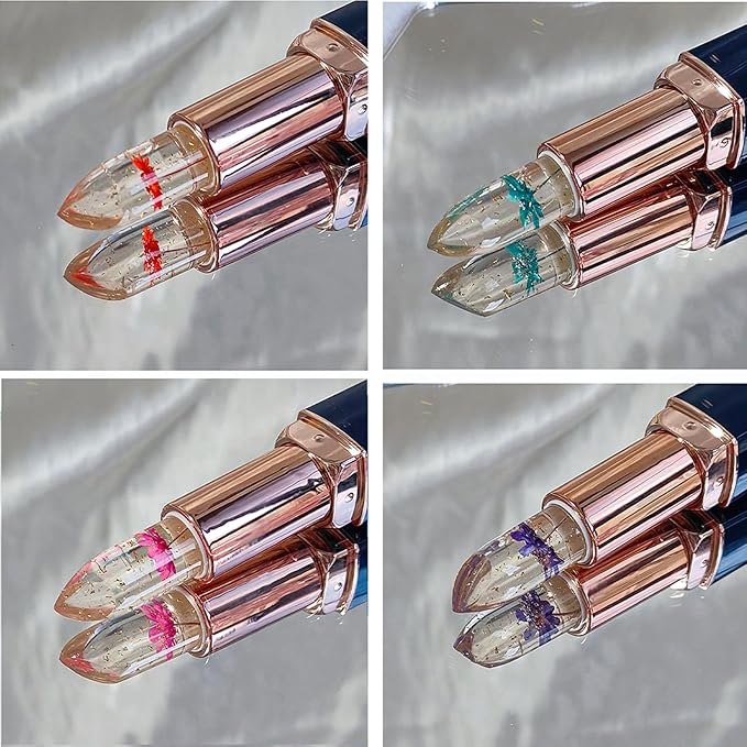 6Pcs Clear Magic Color Jelly Lipstick,Crystal Jelly Flower Color Changing Moisturizing Lip Gloss, Crystal Aloe Vera Lip Balm,Long Lasting PH Clear Temperature Lip Stick
