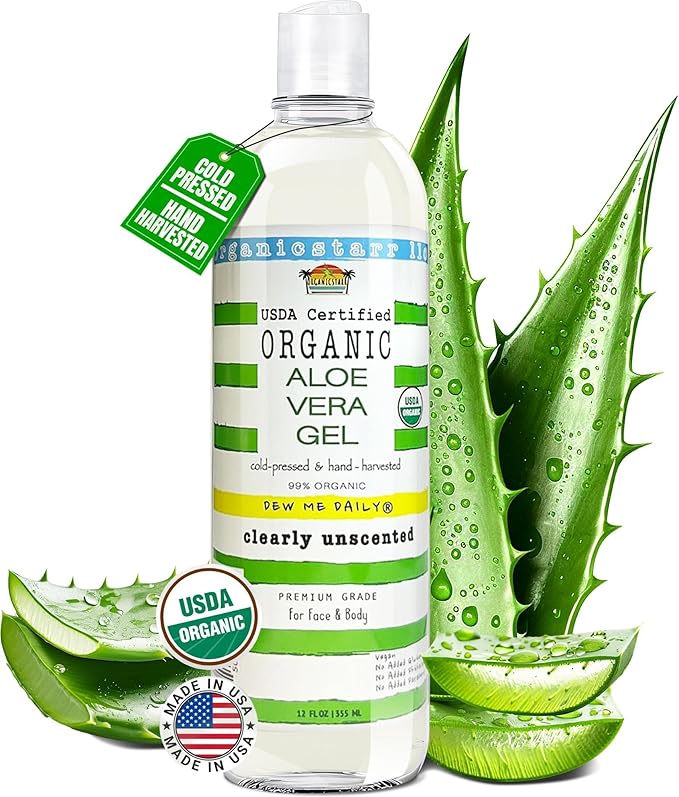 USDA Certified Organic Aloe Vera Gel 12 oz - 100% Pure, Cold Pressed, Hand Harvested, Unscented, Chemical-Free - Skin & Hair Care, Sunburn Relief, Made in USA