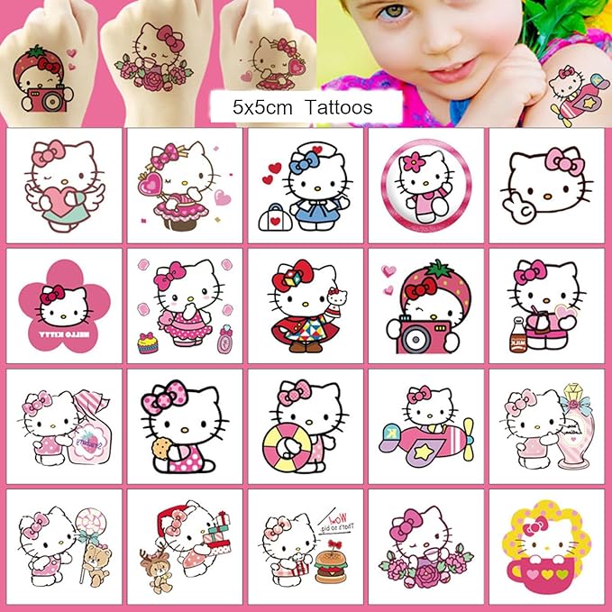 20pcs Cute Hello Kitty Temporary Tattoos for Girl, Christmas Rewards