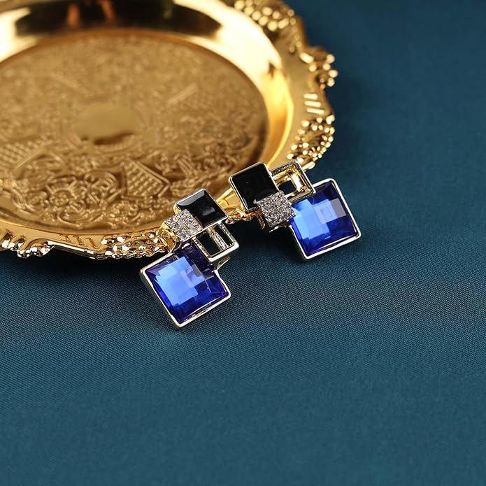 Vintage Crystal Square Drop Earrings Black Square Stud