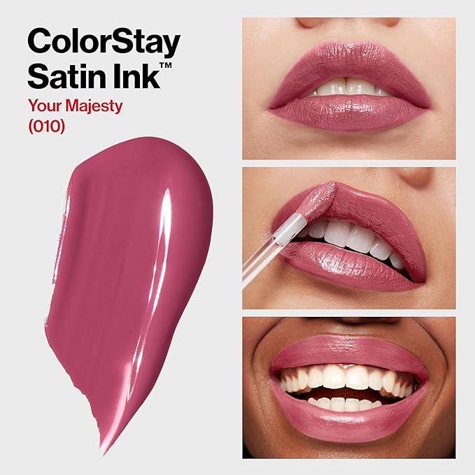 Revlon Liquid Lipstick, Face Makeup, ColorStay Satin Ink, Longwear Rich Lip Colors, Formulated with Black Currant Seed Oil, 010 Your Majesty, 0.17 Fl Oz
