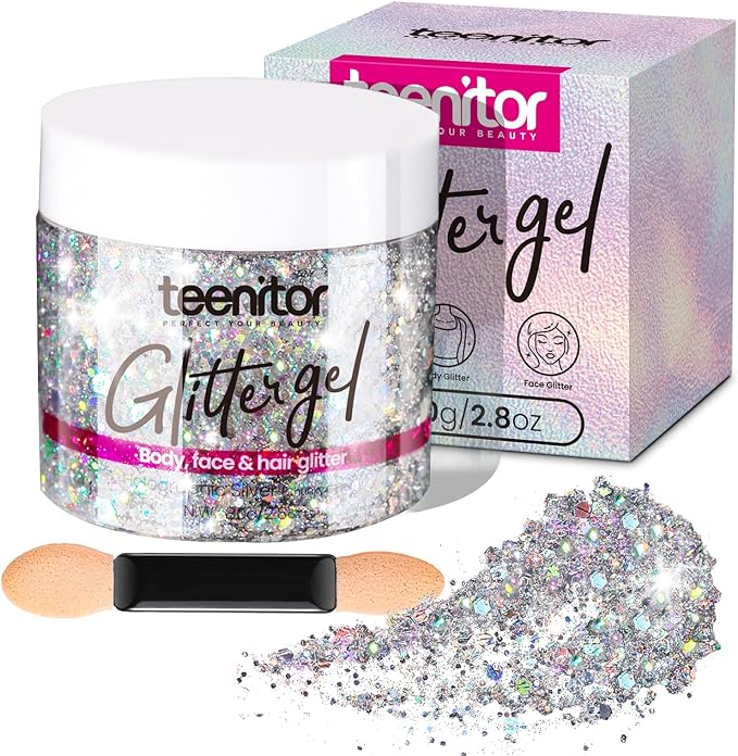 Teenitor Body Glitter, Silver Glitter, Body Glitter Gel, Makeup Glitter