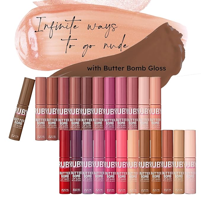 Ruby Kisses Lip Gloss Butter Bomb Gloss Non-Sticky Lip Gloss Vitamin E Natural Nude Lip Makeup - 7.8mL (0.26 US fl.oz) (Cinna-Buns)