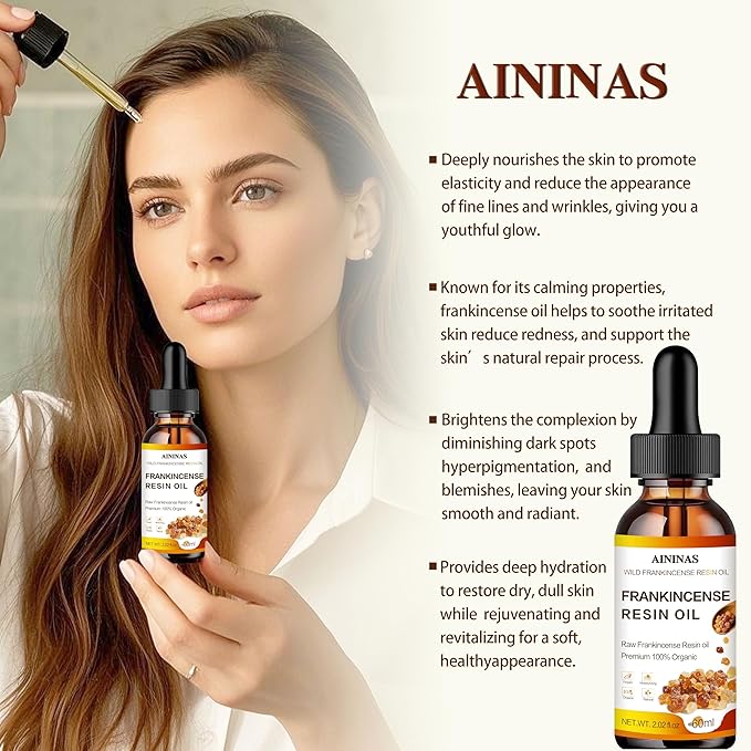 AININAS Organic Frankincense Resin Facial Oil - Reduces Fine Lines & Wrinkles, Soothes & Repairs Skin, Deep Hydration for Face & Body - 2 Fl Oz - Natural Anti-Aging Serum for Women & Men