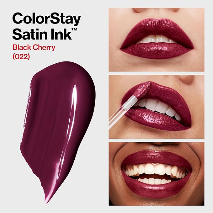 Revlon Liquid Lipstick, Face Makeup, ColorStay Satin Ink, Longwear Rich Lip Colors, Formulated with Black Currant Seed Oil, 022 Black Cherry, 0.17 Fl Oz