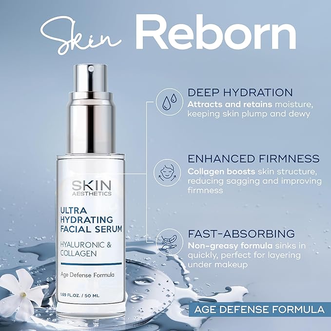 Hyaluronic Acid & Collagen Face Serum - Anti-Aging, Hydrating, Fine Lines, Wrinkles & Acne Scar Treatment - Dermatologist Tested Korean Skincare - Clean Beauty, Cruelty-Free - 1.69 oz
