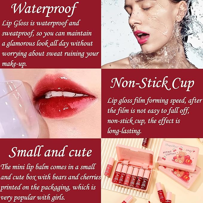 6 Colors Lip Tint Stain Set, Korean Lip Gloss Plumping Lip Tint Moisturizing Watery Mini Liquid Lipstick, Multi-use Cheek and Lip Tint, Long Lasting,Non-Stick Cup Lip Makeup