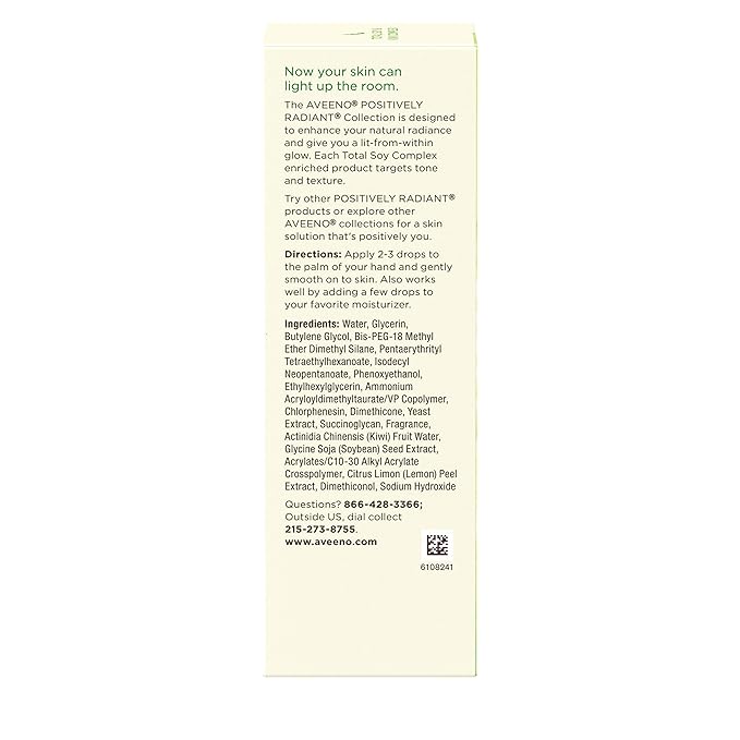 Aveeno Positively Radiant MaxGlow Infusion Drops with Moisture Rich Soy & Kiwi Complex, Hypoallergenic, Non-Comedogenic, Paraben- & Phthalate-Free Moisturizing Facial Serum, 1.35 fl. oz