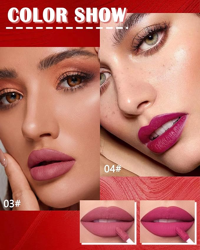 Matte Liquid Lipstick Lipgloss Set for Women-2Pcs Long Lasting Lip Gloss Waterproof Lip Stain Tint,Highly Pigmented Velvet Lipstick,Up to 16H Wear Non-Stick Cup, Christmas Makeup Gift for Women-03+04