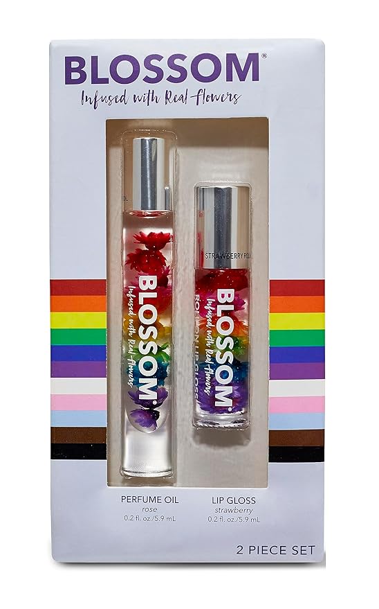 Blossom Scented Roll on Lip Gloss + Rollerball Perfume, Infused with Real Flowers, Made in USA, 0.4 fl. oz./11.8ml, 2 pack Gift Set, Let Love Shine, Strawberry/Rose