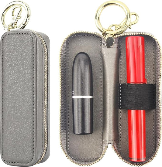 Bocasal Leather Lipstick Case Holder Chapstick Keychain Pouch, Zipper Lip Balm Lip Gloss Bag for Purse with Key Chain Elastic Band, Makeup Travel Organizer, Cosmetic Storage Kit for Women Girls (Grey)