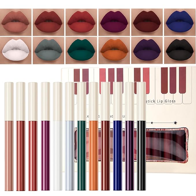 Matte Liquid Lipstick Set, 12 Colors Velvet Lip Glosses