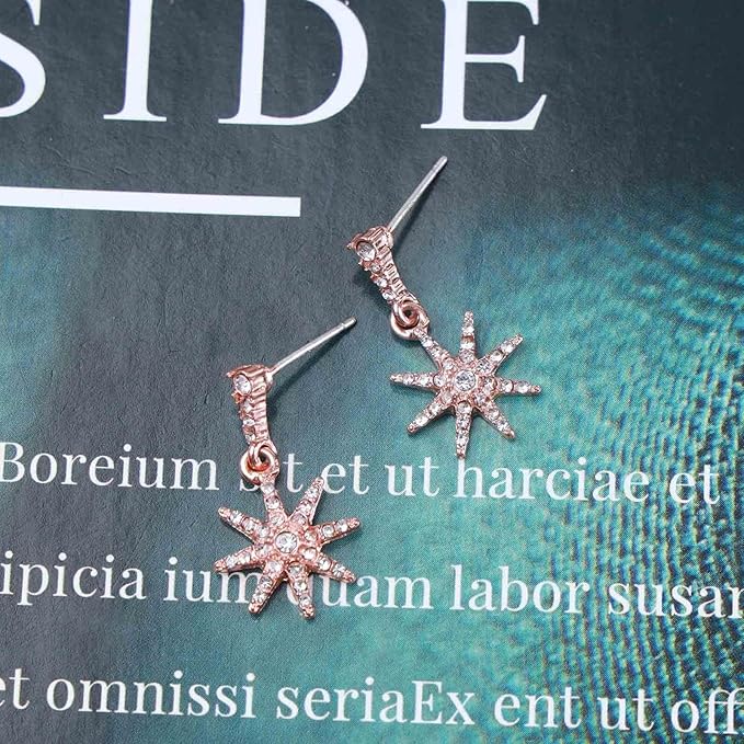Boho Crystal Sunburst Earrings Rose Gold Star Drop