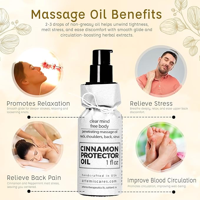 Massage Oil for Neck Massage, Muscles, Cupping, and Massage Tools. Aromatherapy Essential Oils and Herbal Extracts Cinnamon Protector Oil by Artemis Therapeutics
