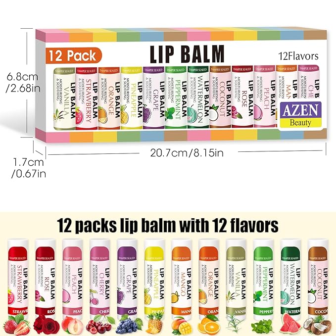 AZEN 12 Pack Lip Balm, Natural