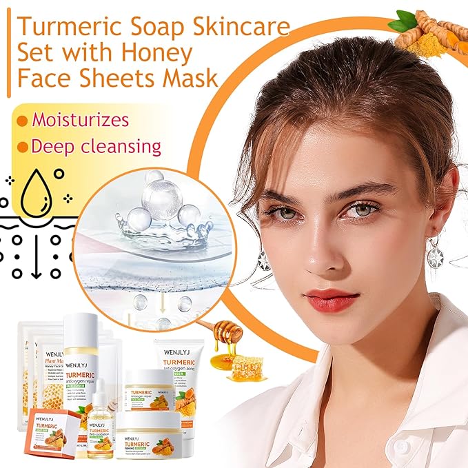 Turmeric Soap Skincare Set with Honey Face Sheets Mask,Hydrating Travel Size Turmeric Face Wash,Moisturizing Face Toner & Face Serum & Face Cream,Eye Cream Skin Care Gift Set for Women(9PCS)