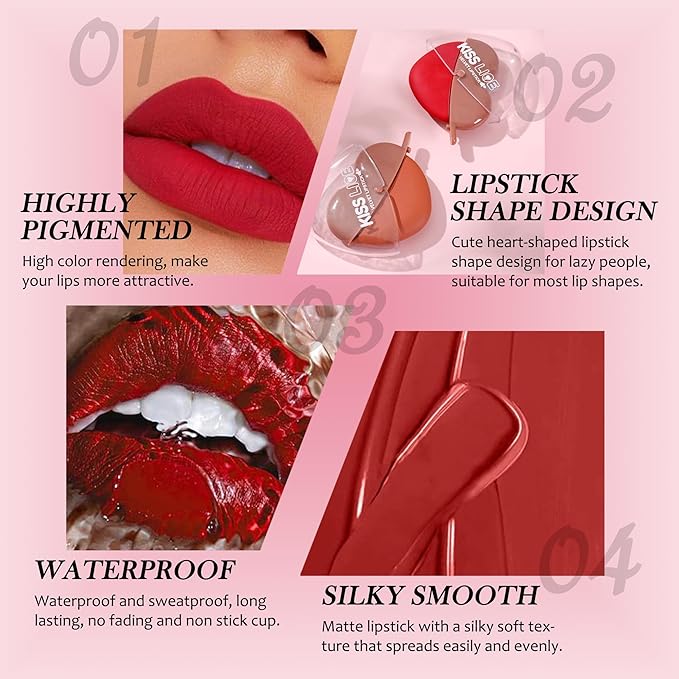 Deep Ruby Rose Red Burgundy Matte Velvet Lipstick for Women-3 Colors Long-Wear Non-Stick Cup Heart Shape Lazy Lipstick Set, Waterproof High Pigmented 24 Hours Lip Stick Makeup for Lazy People -Set 2