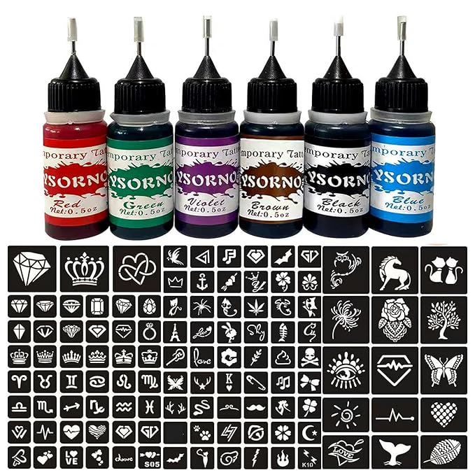 Temporary Tattoo Kit,6 Bottles Temporary Tattoo Ink with Painting PATY13 0.5oz