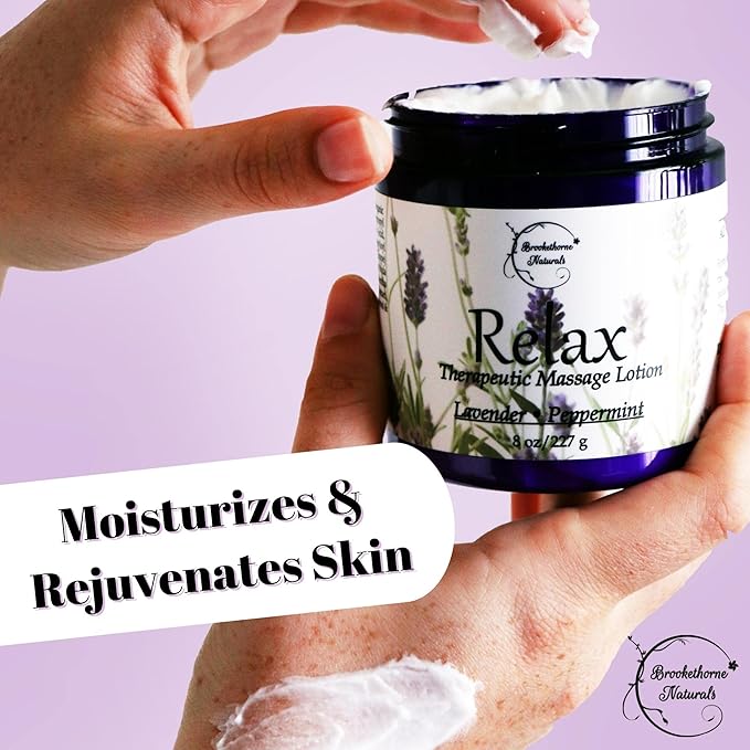 Relax Therapeutic Massage Lotion – All Natural Enriched with Lavender & Peppermint Essential Oils Perfect for Massage Therapy - Massage Cream for Full Body Massage - Brookethorne Naturals 8oz