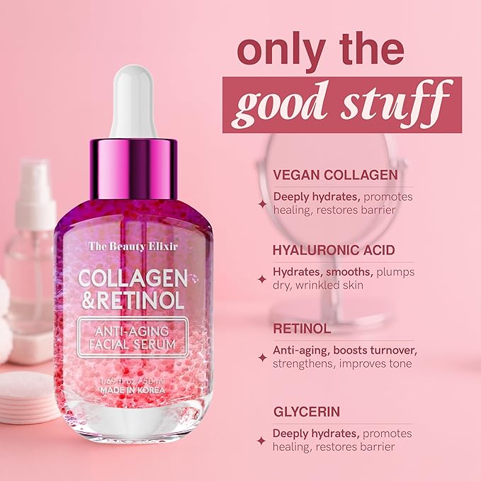 Collagen & Retinol Serum For Face - Ultra Hydrating, Restores, Smooths & Reduces Wrinkles - Dermatologist Tested, Natural Ingredients, Clean Beauty - Korean Skin Care - 1.69 Fl. Oz