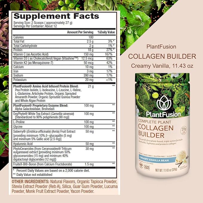 PlantFusion Vegan Collagen Powder - Plant Based Collagen Protein Powder for Muscle & Joints, Hair, Skin & Nails - Keto, Gluten Free, Soy Free, Non-Dairy, No Sugar, Non-GMO - Vanilla 11.43 oz