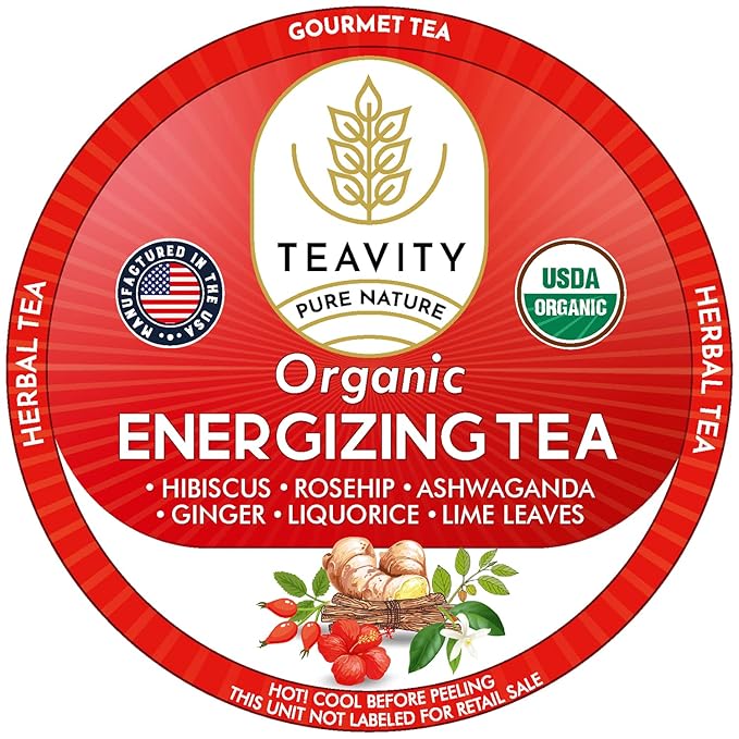 Organic Ashwagandha Tea Pods for Keurig with Ginger, Licorice, Organic Hibiscus Sabdariffa, Rosehip, & Lime - Decaf Herbal Tea - Energizing Tea by Teavity (24 Tea Pods)