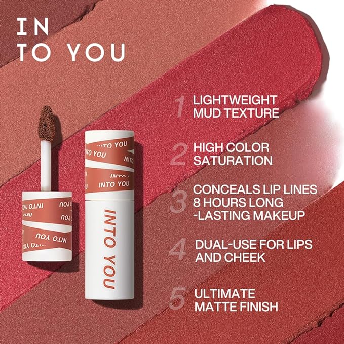INTO YOU Matte Lipstick, Super Stay Lipstick for Women, Waterproof, Long Lasting Lipstick, High Impact Lipcolor with Lightweight Lip Mud Texture, Dual-use for Lips and Cheek, Red Lipstick (EM112)