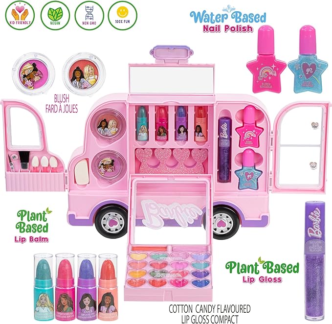 Barbie Car Makeup Kit for Girls, Real Washable