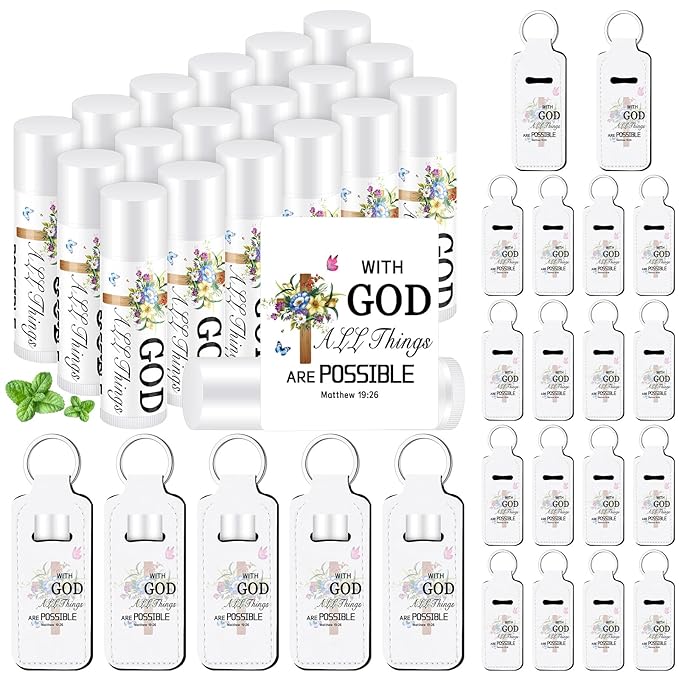 18 Sets Christian Inspiration Gift Lip Balm Bulk and Lipstick Holder Keychains Set Bible Verse Gift for Women Teacher Mom Church Favors(with God)