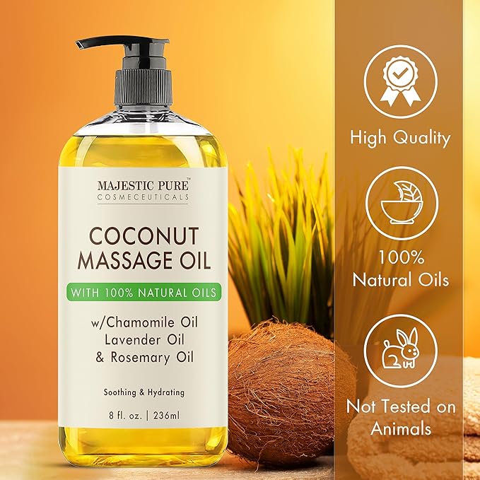 MAJESTIC PURE Coconut Massage Oil - Ultra-Glide Formula with Soothing Aroma -Made with Natural Oils - All Skin Types, Men & Women - 8 fl oz