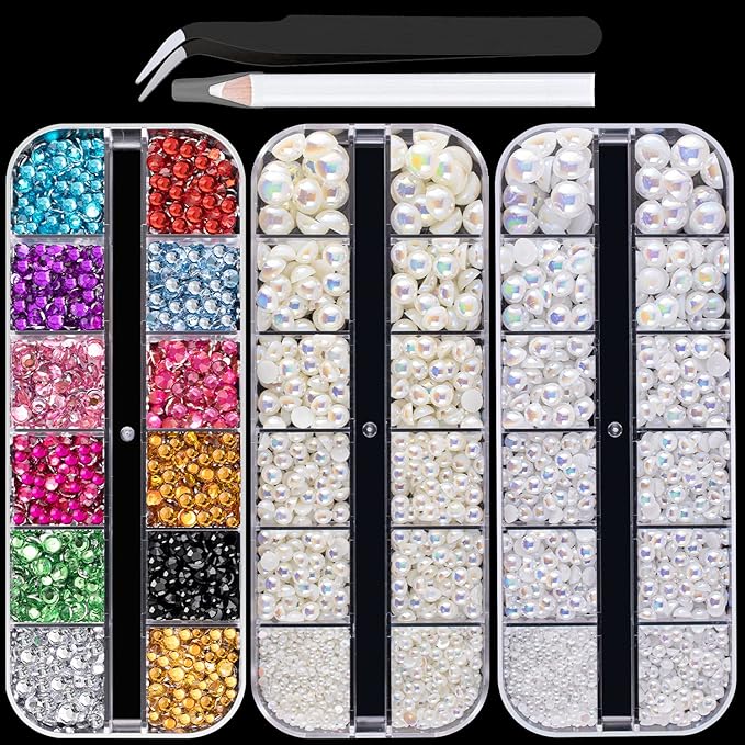 Flat Back Rhinestone+Half Round Pearl Kits Colorful Rhinestones+White