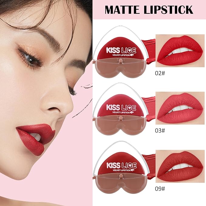 Deep Ruby Rose Red Burgundy Matte Velvet Lipstick for Women-3 Colors Long-Wear Non-Stick Cup Heart Shape Lazy Lipstick Set, Waterproof High Pigmented 24 Hours Lip Stick Makeup for Lazy People -Set 2