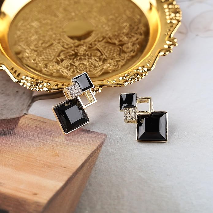 Vintage Crystal Square Drop Earrings Black Square Stud