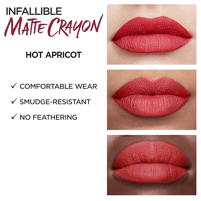 L'Oreal Paris Infallible Matte Lip Crayon, Hot Apricot (Packaging May Vary)