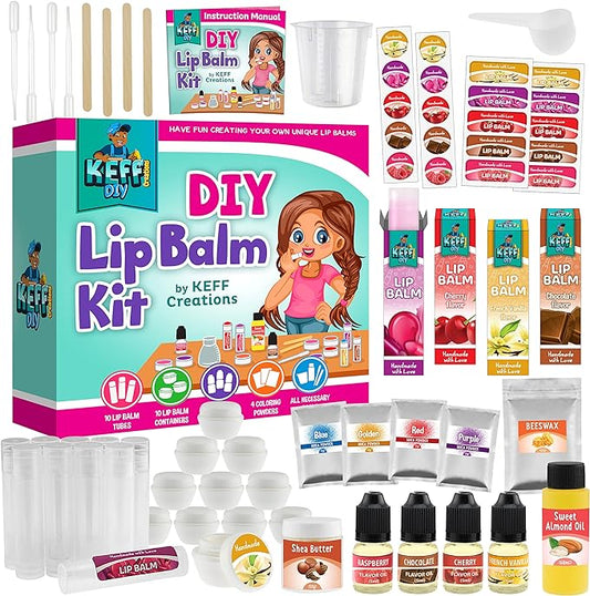 KEFF 51Pcs Lip Balm Making Kit - Make Your Own Lip Gloss Kit for Kids & Girls - Natural Lip Gloss Making Kit Stuff for Teen Girls with Beeswax, Shea Butter, Flavor Oils, Mica Color Powders & More