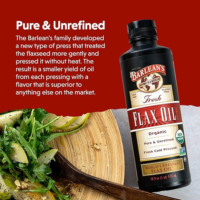 Barlean's Organic Flaxseed Oil Liquid from Cold Pressed Flax Seeds, 7,640mg ALA Omega 3 Fatty Acid Supplement for Joint and Heart Health, Vegan & Gluten Free, 16 oz