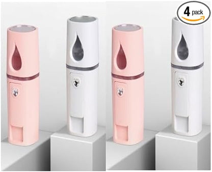 4 Pack Handheld Personal Diffuser Portable Facial Spray Steamer Mist Spray Cleaning Pores Water SPA Moisturizing Hydrating Face Sprayer, USB Rechargeable Mini Beauty Device - Pink and White