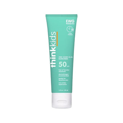 Thinkkids Safe Mineral Sunscreen SPF 50+, 3 Fl Oz, Natural, Water Resistant Reef Safe Sunscreen for Children, Broad Spectrum UVA/UVB Sun Screen