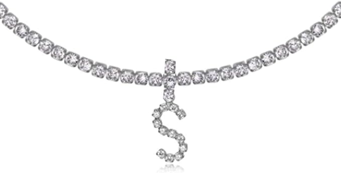 Silver Choker Necklace Rhinestones Shinning Letter