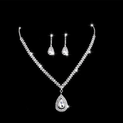 Bride Silver Necklace Earrings Set Rhinestone Wedding Jewelry