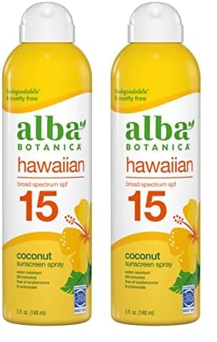 Alba Botanica Sunscreen Spray for Face and Body, Broad Spectrum SPF 15 Sunscreen, Hawaiian Coconut, Water Resistant and Biodegradable, 5 fl. oz. Bottle (Pack of 2)