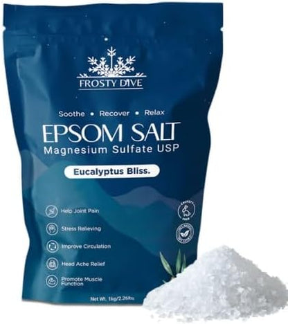Frosty Dive Epsom Salt - Pure Epsom Salt Soak, Magnesium Sulfate USP, Fine Grain, Fragrance-Free, Soothing Bath Salts for Relaxation, Muscle Recovery, Sleep Support & Skin Care