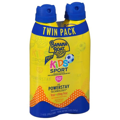 Banana Boat Kids Sport Sunscreen Spray SPF 50, Twin Pack | Kids Sunscreen Spray, Kids Sunblock Spray, Oxybenzone Free Sunscreen for Kids, Spray Sunscreen SPF 50, 6oz each