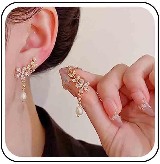 Vintage Crystal Flower Ear Climber Earrings Rhinestone Pearl